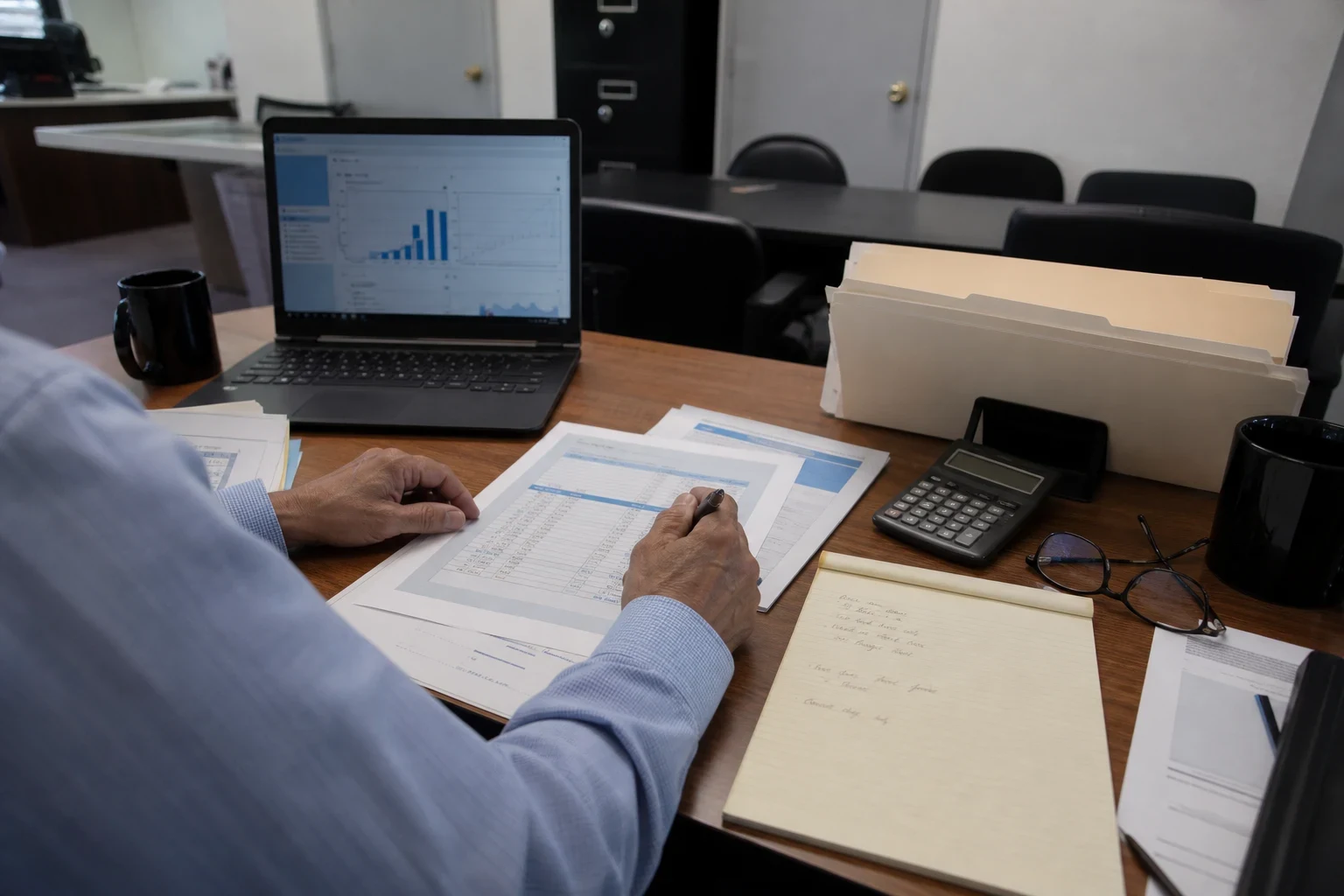 Over-the-shoulder view of a man reviewing a printed spreadsheet at an office desk with a laptop chart, calculator, legal pad, glasses and file folders
