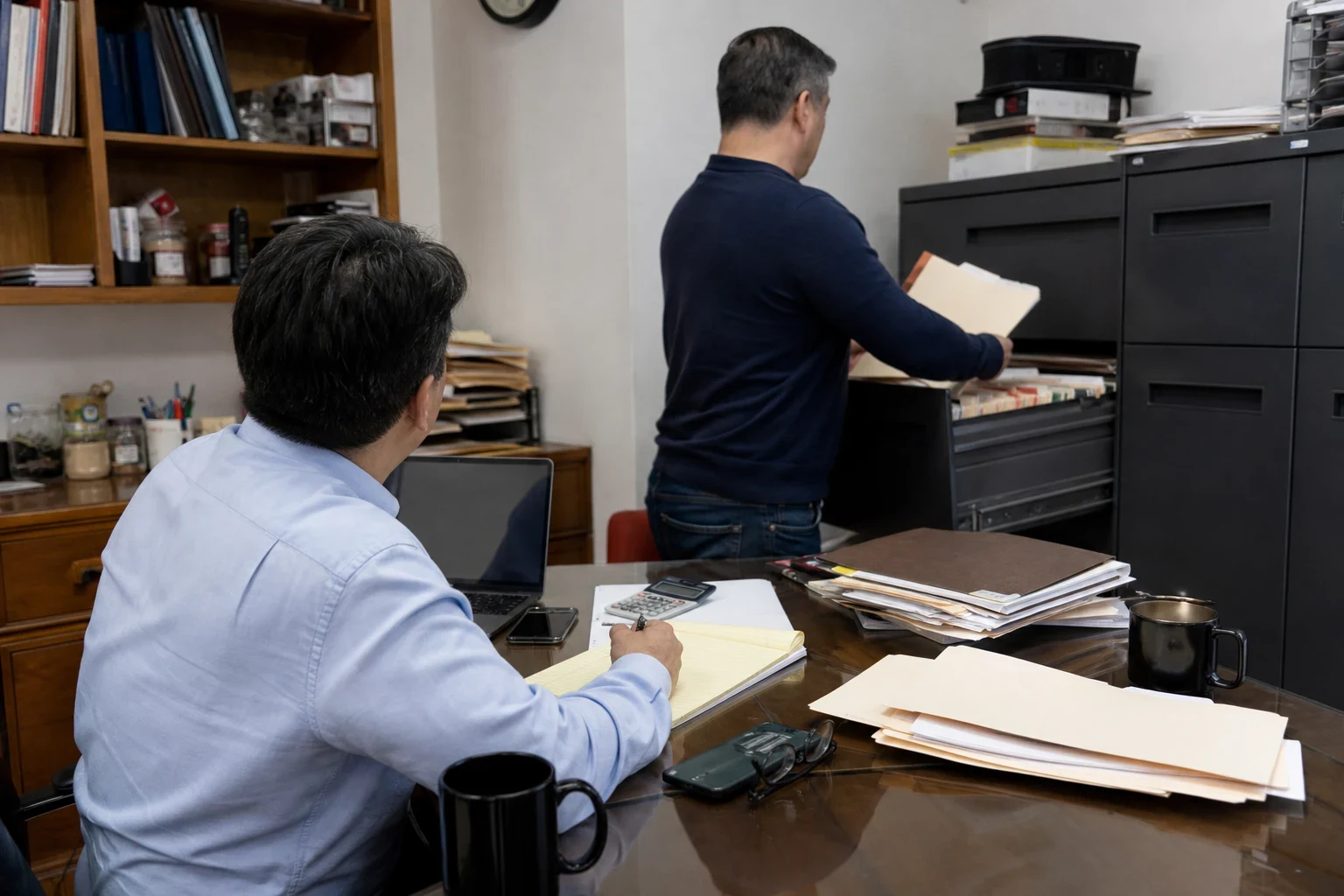 A man in a light blue shirt sits at a cluttered office desk with a notepad and calculator while another man pulls a file from a black filing cabinet.